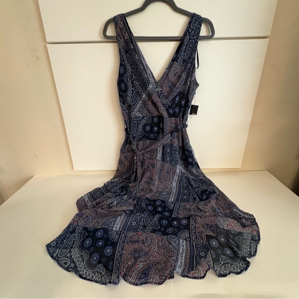 Tommy Hilfiger Navy Paisley Symmetrical Flare Midi Dress w/Tie Size 10 NWT